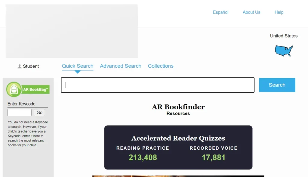 Search page of accelerated reader finder for books