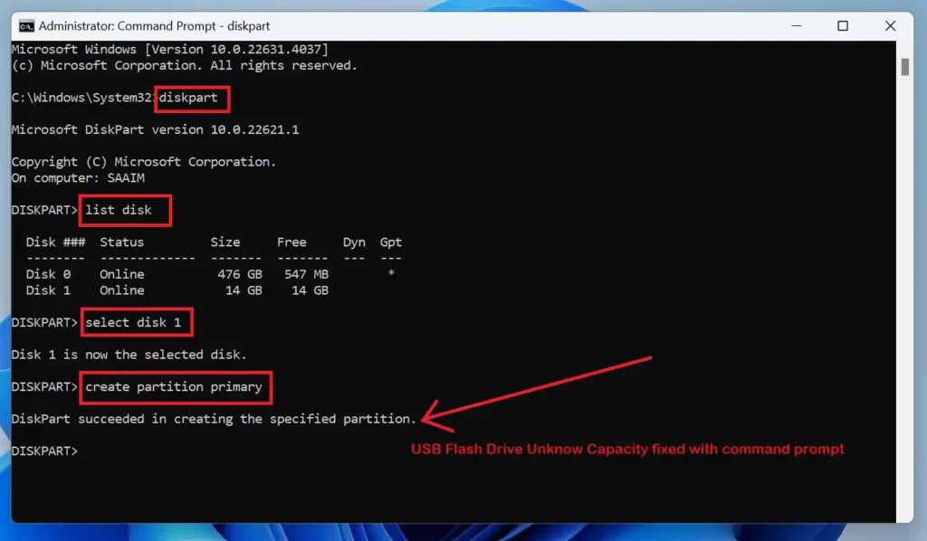 Commands to solve usb flash drive unknow capacity problem with command prompt method