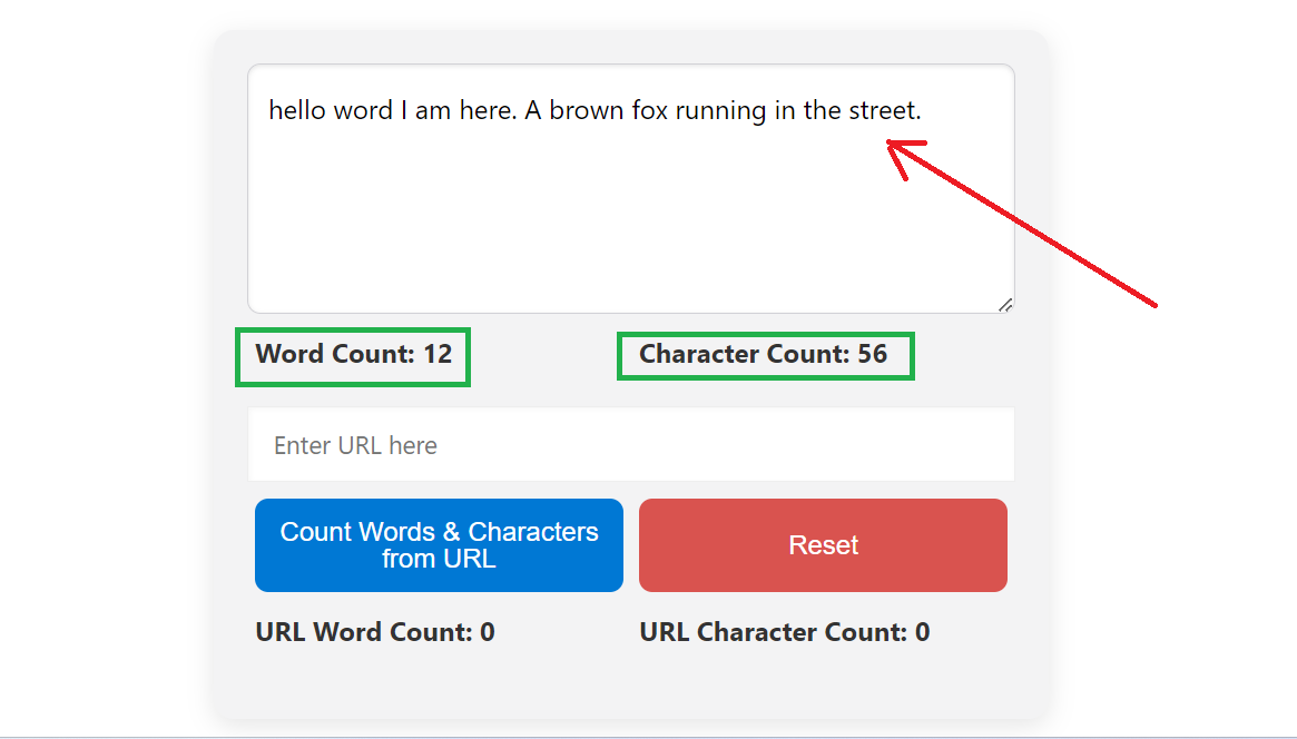 word counter shows word count and character count in the display on typing simple text in the box