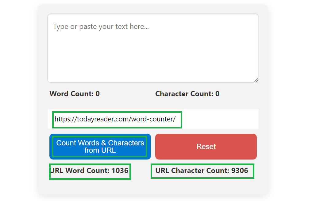 word counter shows word count and character count in the display using URL method